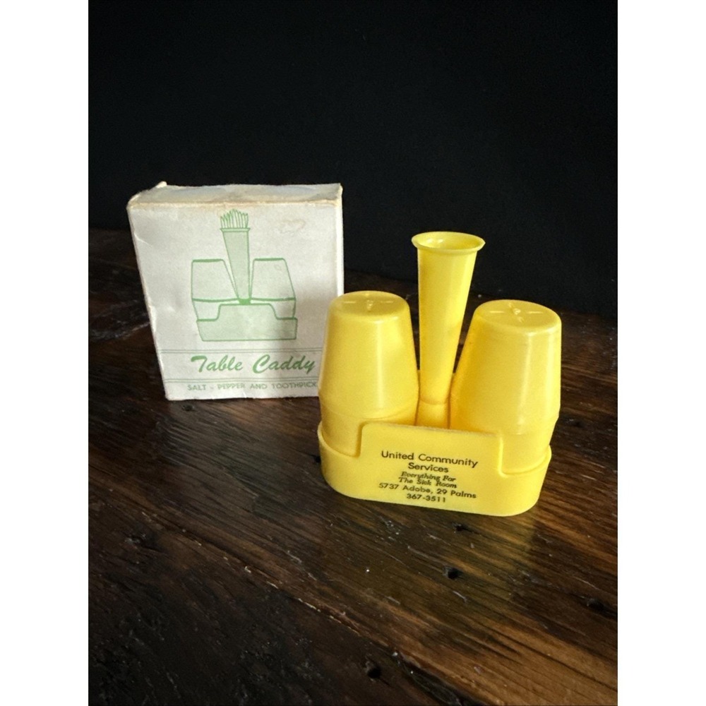 Vintage Yellow Plastic Salt Pepper Shaker Set Toothpick Holder 29 Palms Services